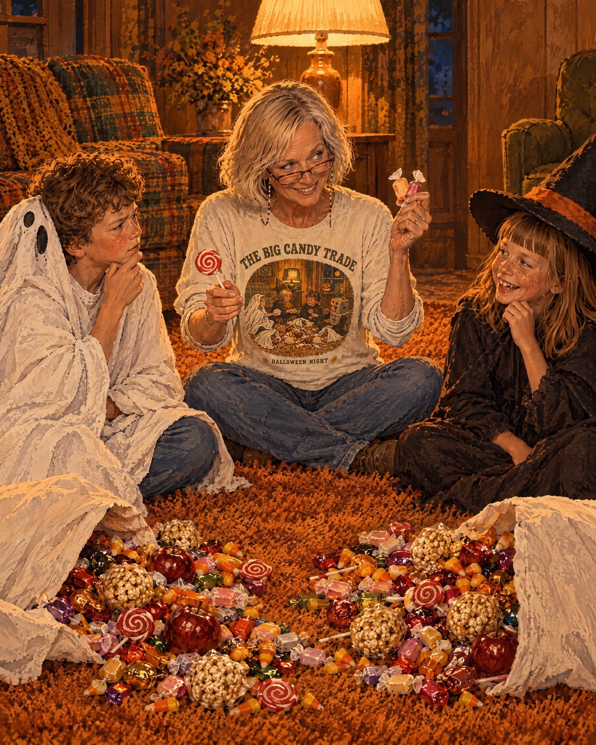 Illustration: Patty on the living room rug trading candy with her grandkids in ghost and witch costumes after trick-or-treating