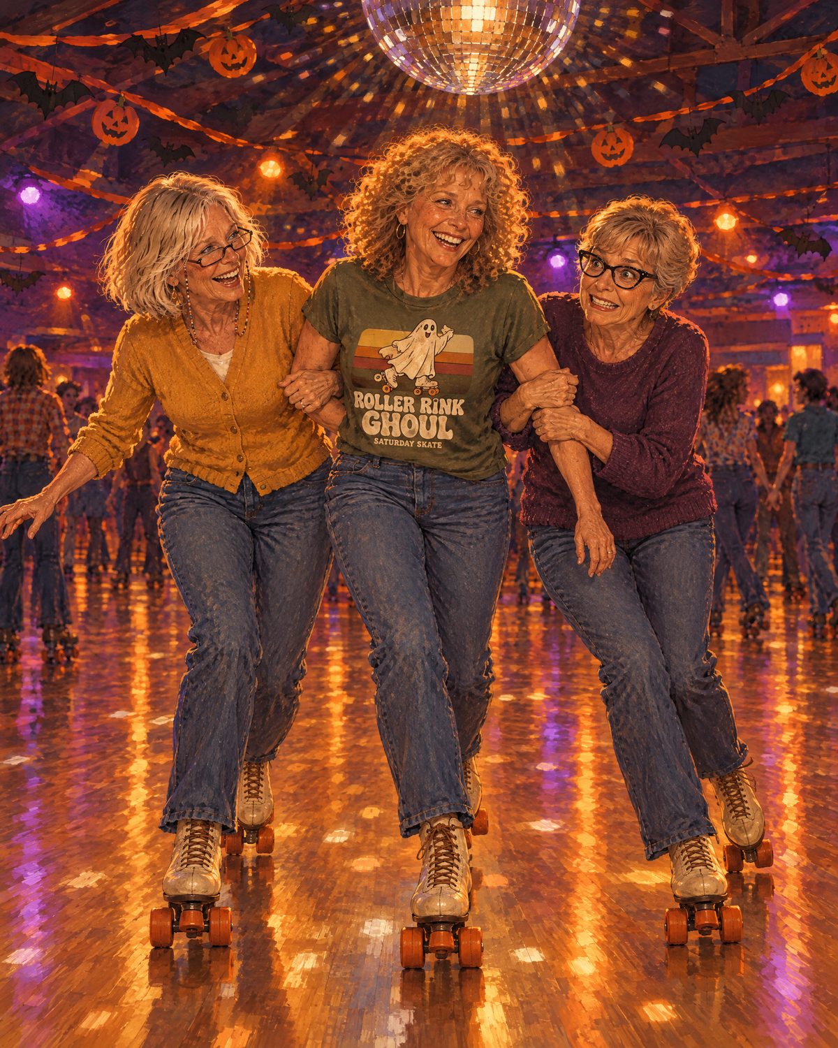 Illustration: Debbie skates confidently under a mirror ball while Patty wobbles and Linda clings to her arm