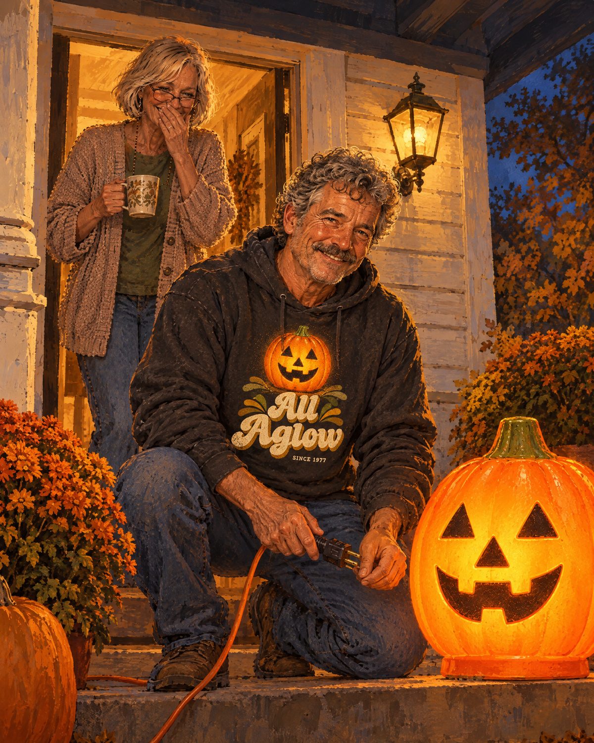 Illustration: Mike plugs in an old glowing blow-mold jack-o’-lantern on the front step while Patty laughs in the doorway