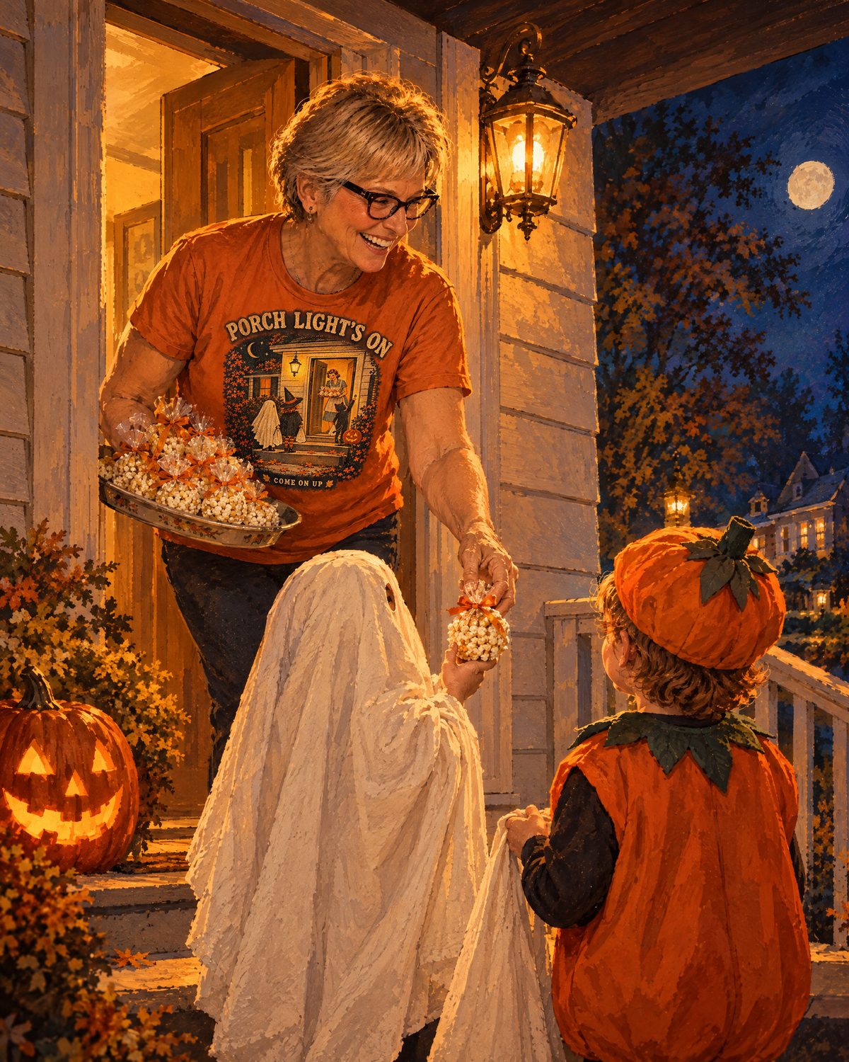 Illustration: Linda hands popcorn balls wrapped in wax paper to a bedsheet ghost under her porch light on Halloween night