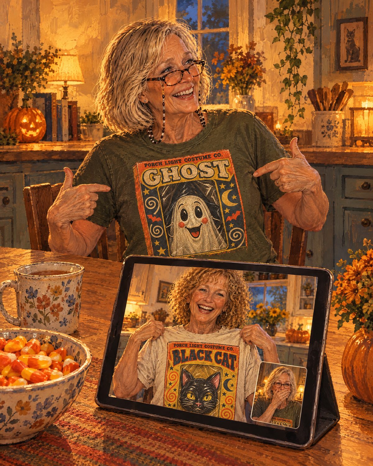 Illustration: Patty points at her shirt in her kitchen while Debbie holds up hers on a tablet video call