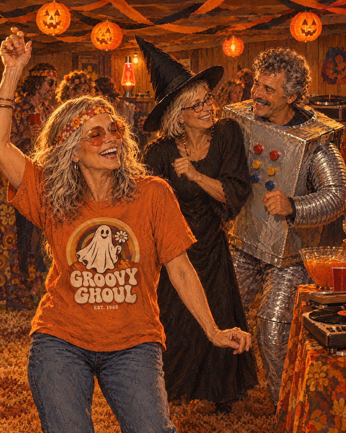 Illustration: Carol dances at a 1970s basement Halloween party while Patty and Mike in a cardboard robot costume dance behind her