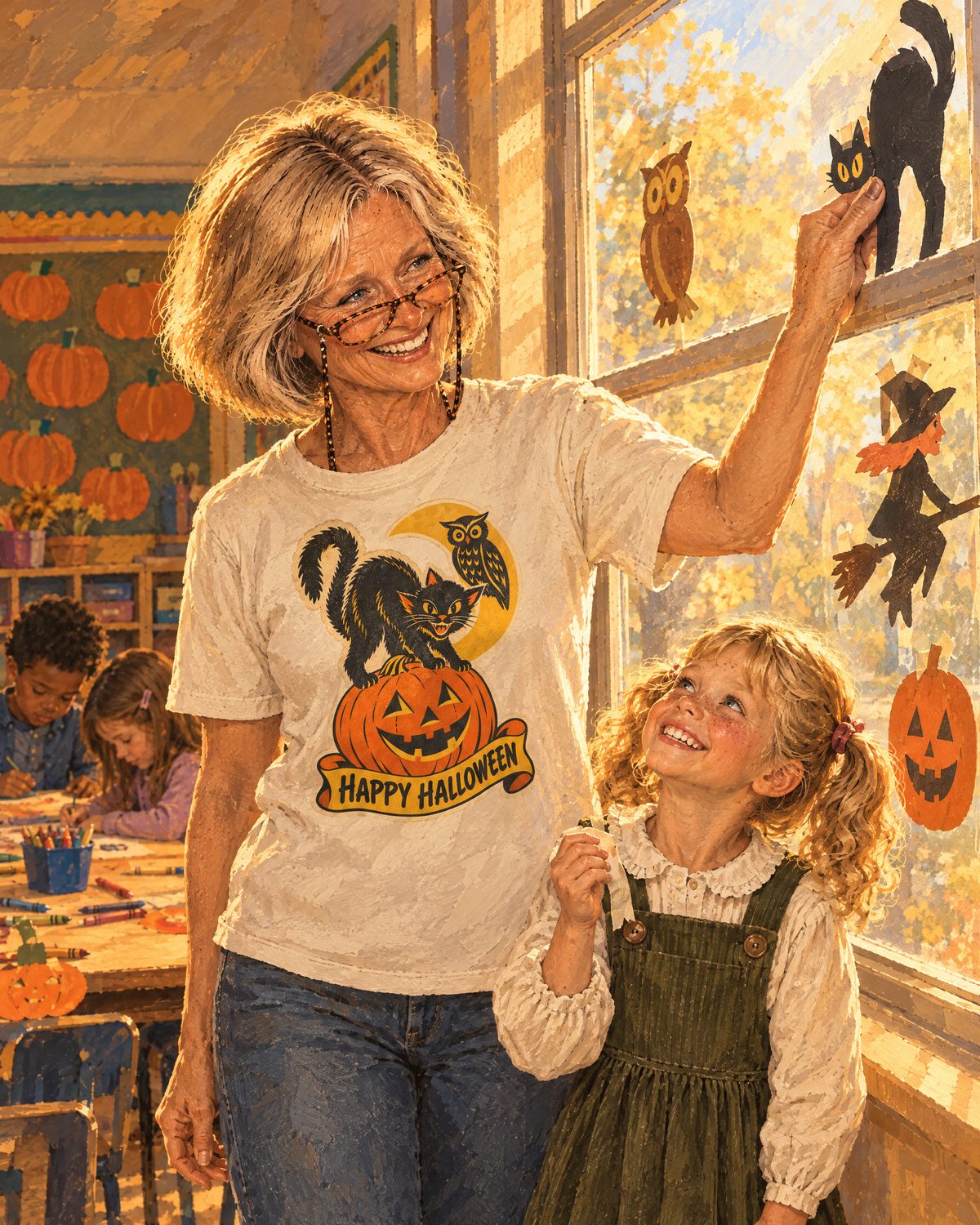 Illustration: Patty tapes a paper black cat to a classroom window while her granddaughter Rosie hands her the tape