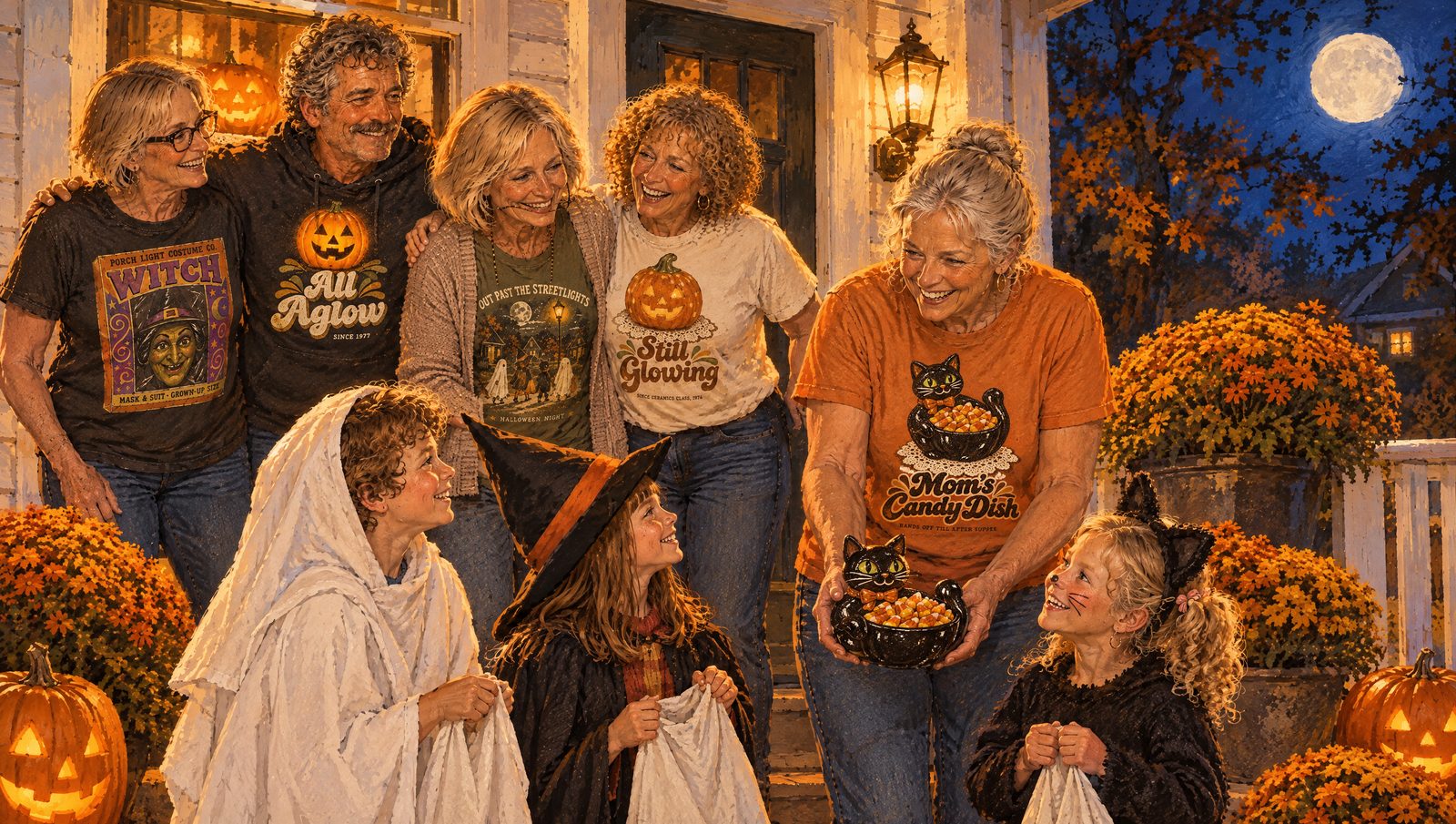 Illustration: Halloween night on Patty’s porch, Barb offering a black cat candy dish to the grandkids in costume while the whole family laughs behind her