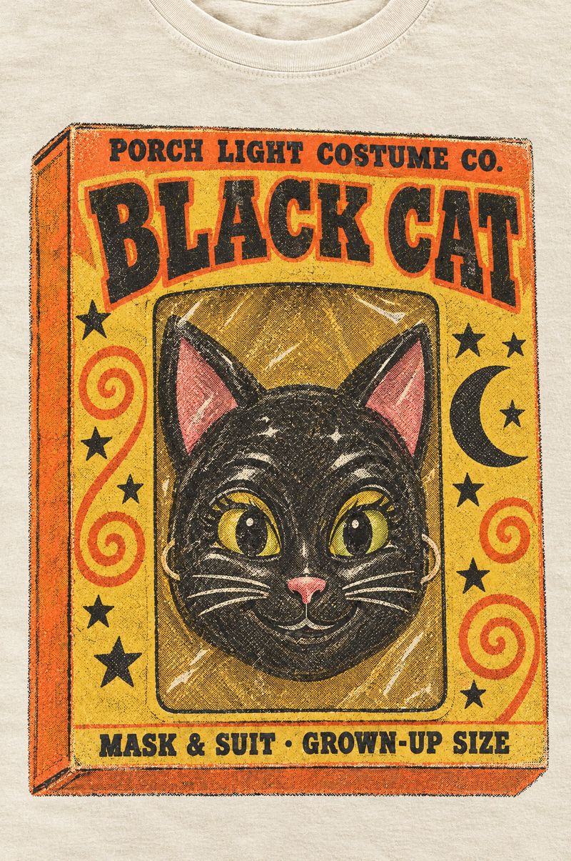 Ivory tee printed with a vintage boxed black cat costume with a plastic cat mask, words Porch Light Costume Co., Black Cat, Mask & Suit, Grown-Up Size