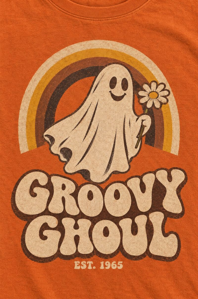 Orange tee printed with a smiling ghost holding a daisy in front of a 1970s rainbow, words Groovy Ghoul, Est. 1965