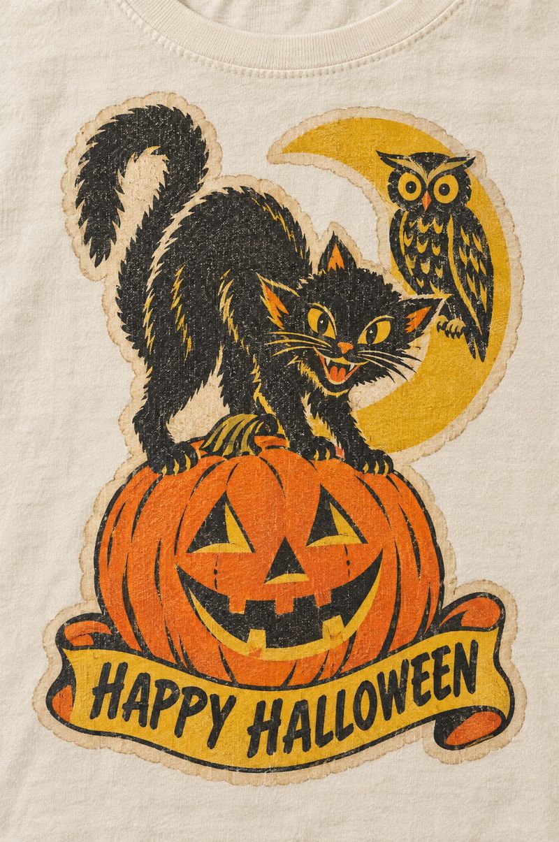 Ivory tee printed with a vintage-style paper cutout of an arched black cat on a jack-o’-lantern, an owl on a crescent moon and a Happy Halloween banner