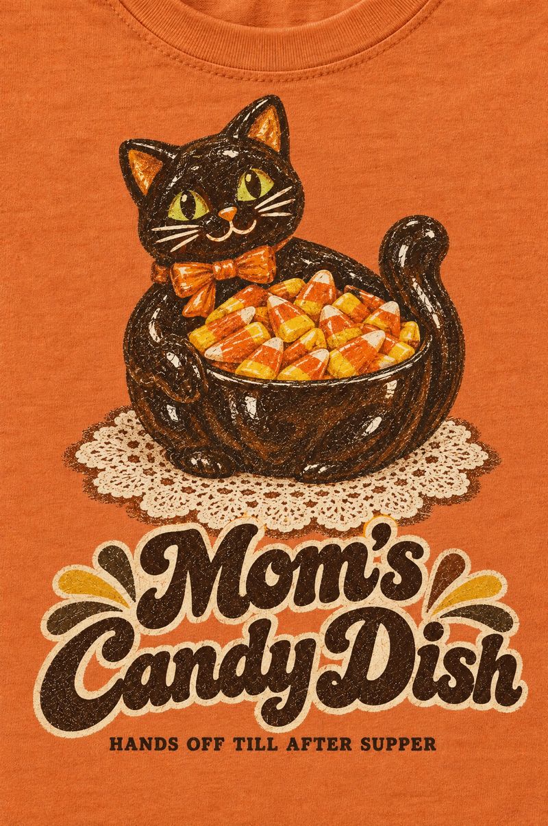 Orange tee printed with a black cat ceramic candy dish full of candy corn on a doily, words Mom’s Candy Dish, Hands Off Till After Supper
