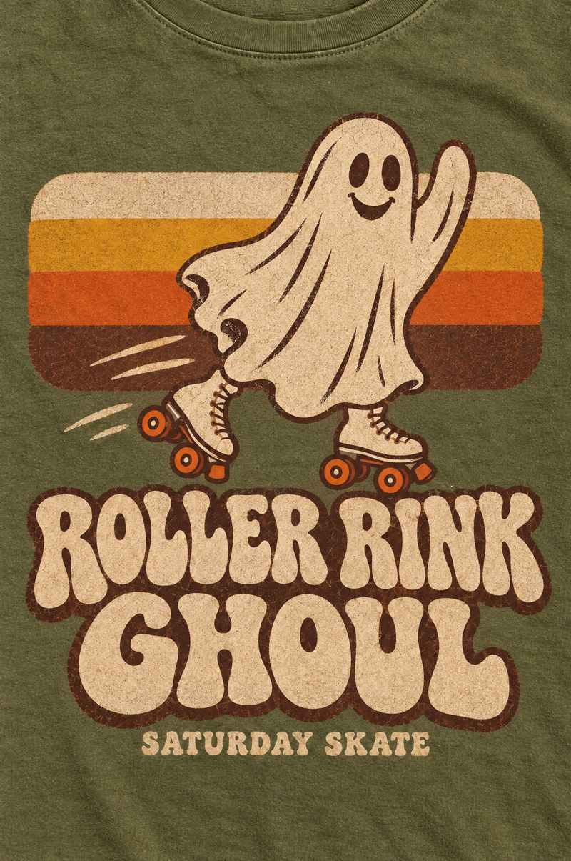 Moss green tee printed with a ghost on roller skates in front of 1970s stripes, words Roller Rink Ghoul, Saturday Skate
