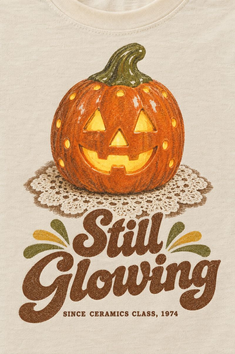Ivory tee printed with a glowing ceramic jack-o’-lantern on a crocheted doily, words Still Glowing, Since Ceramics Class, 1974