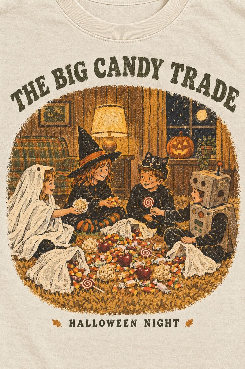 Ivory tee printed with kids in costumes on a living room rug trading candy from their pillowcases, words The Big Candy Trade, Halloween Night