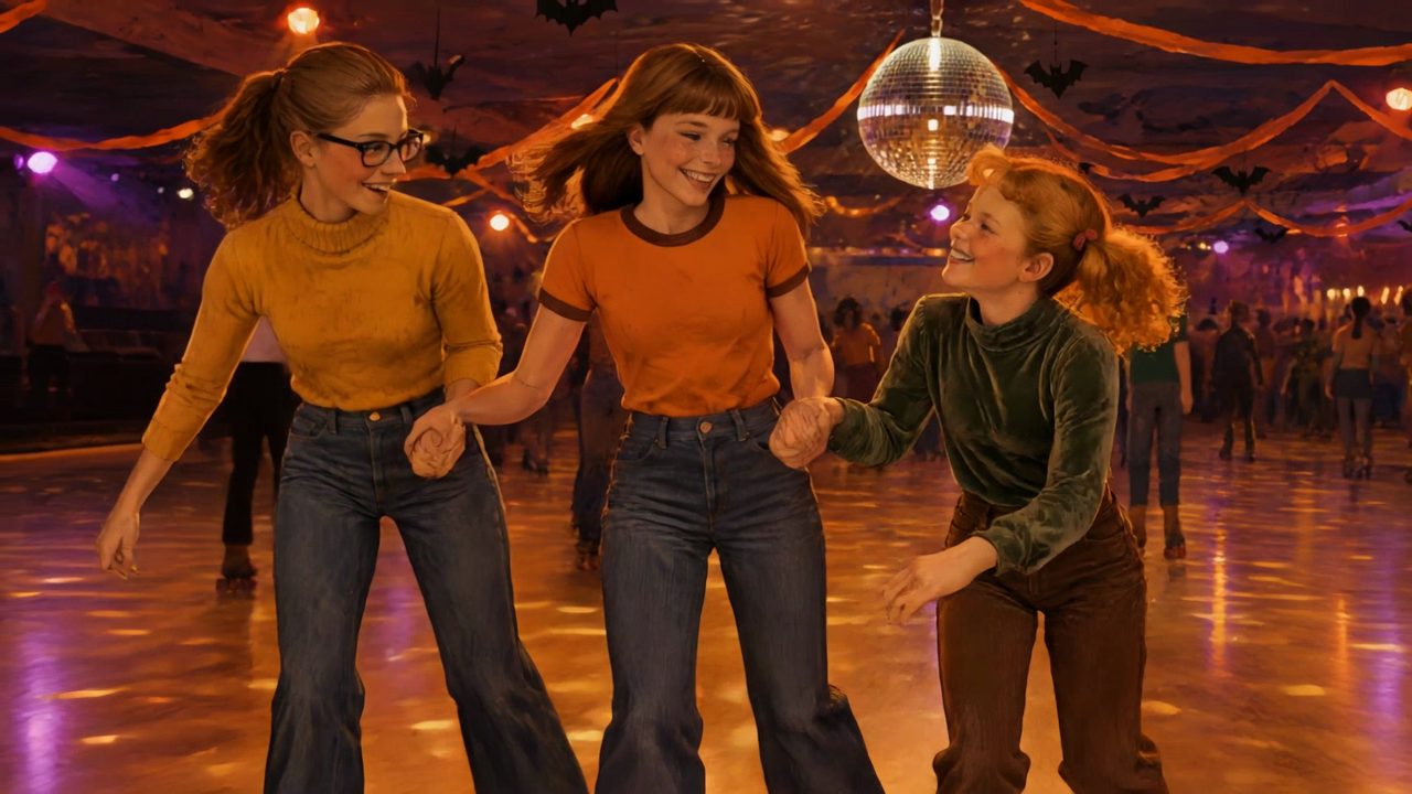 Illustration: three teenage sisters skate under a mirror ball at a Halloween skate night, 1977