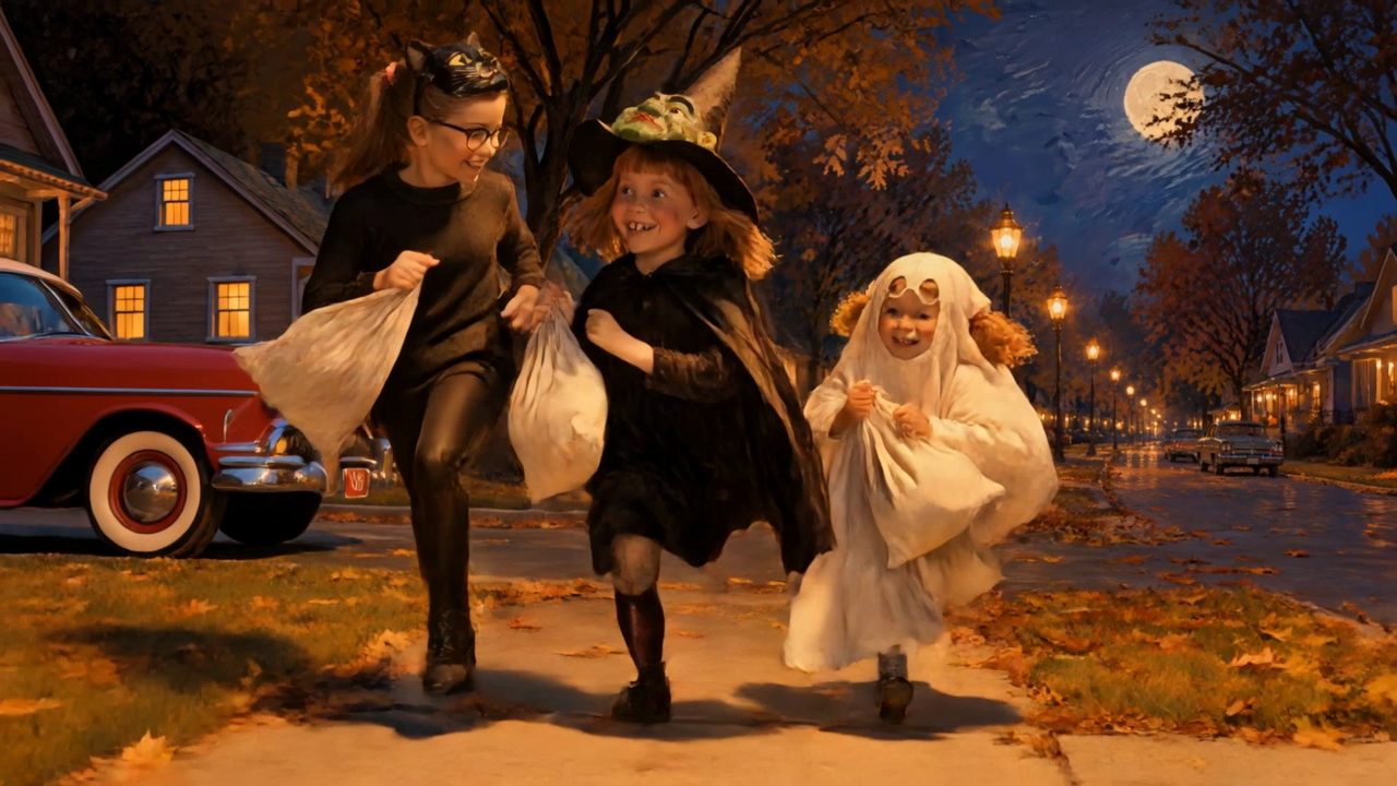 Illustration: three little sisters in a bedsheet ghost, witch and cat costume run down the sidewalk with pillowcases under the streetlights, 1968